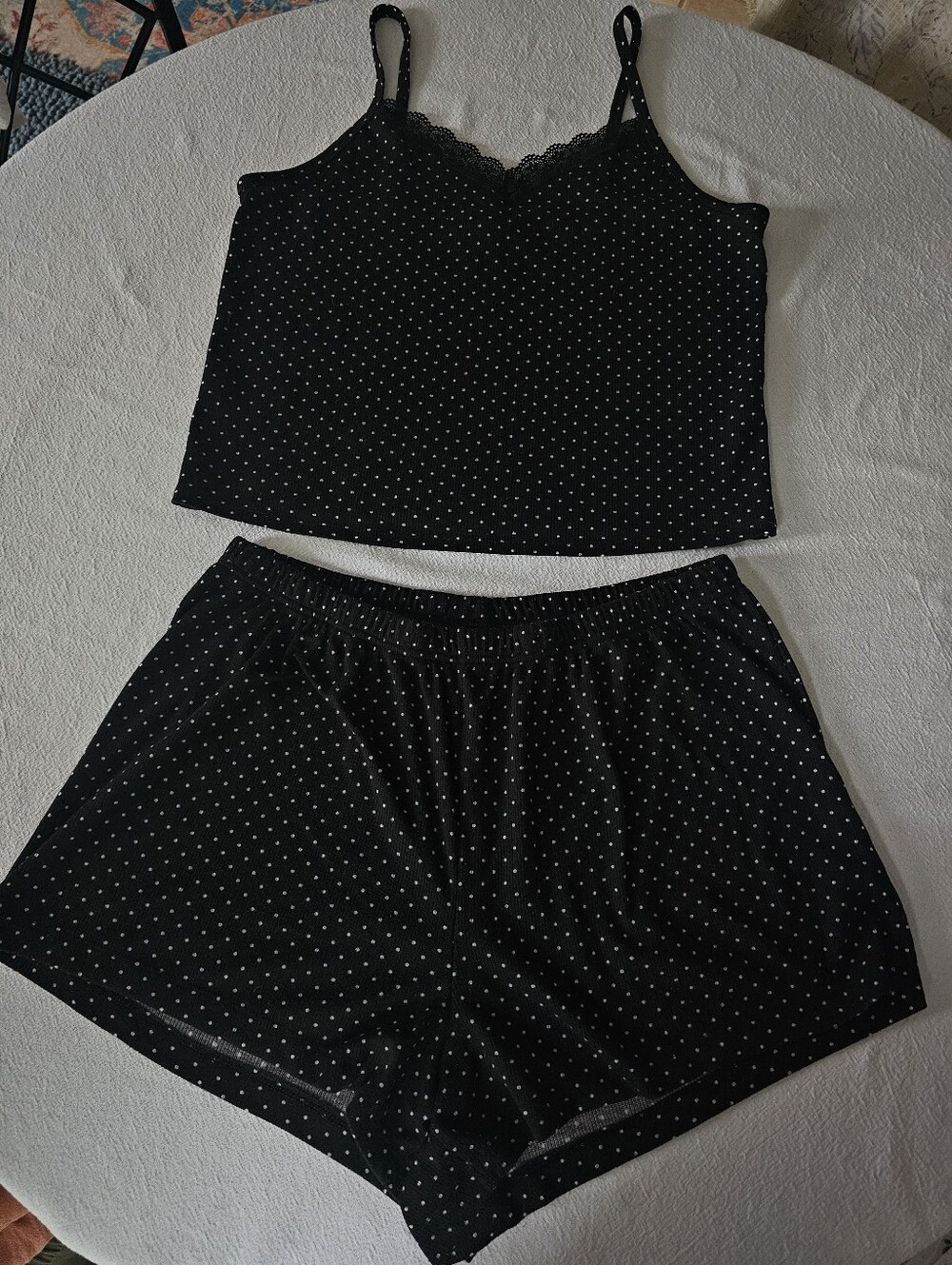Colsie Black/White Lounge Polka Dot Lace-Trim Top and Shorts Set - Size Large